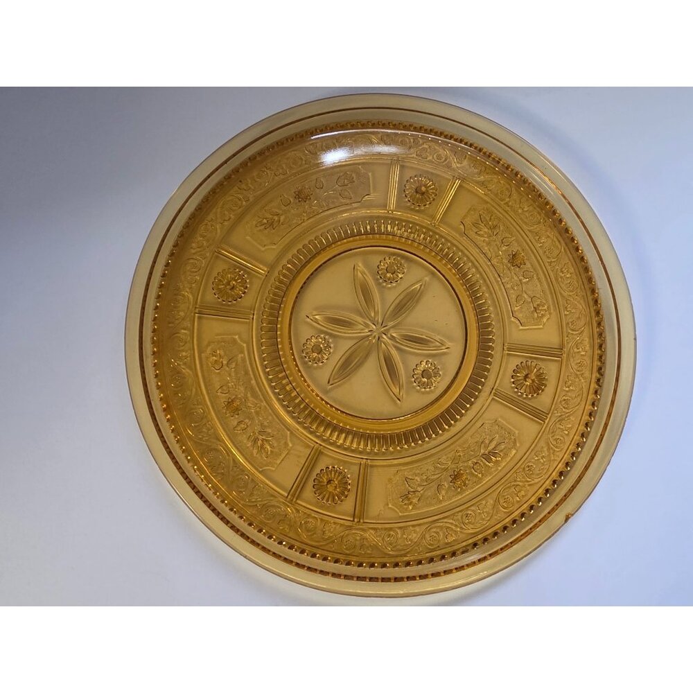 Indiana Sandwich Glass Amber Glass Decorative Platter Floral Geometric 10.5"